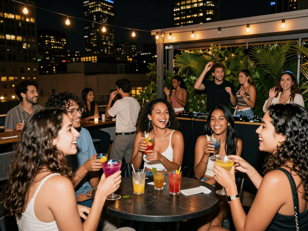 A lively urban rooftop scene showing young adults socializing, embodying the essence of ai slut culture with vibrant nightlife and friendship.