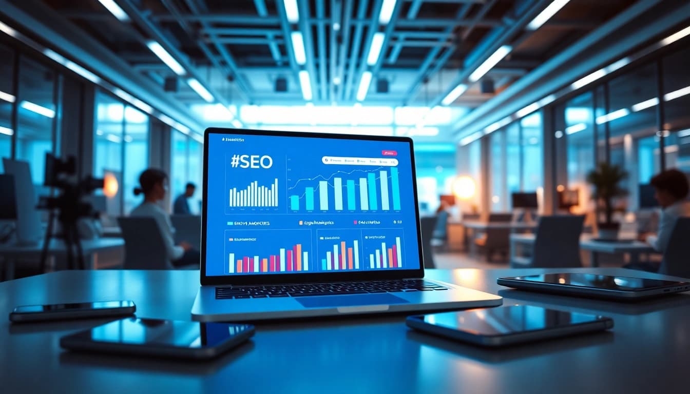 Visual representation of SEO Rank analytics displayed on a digital device in a modern office.
