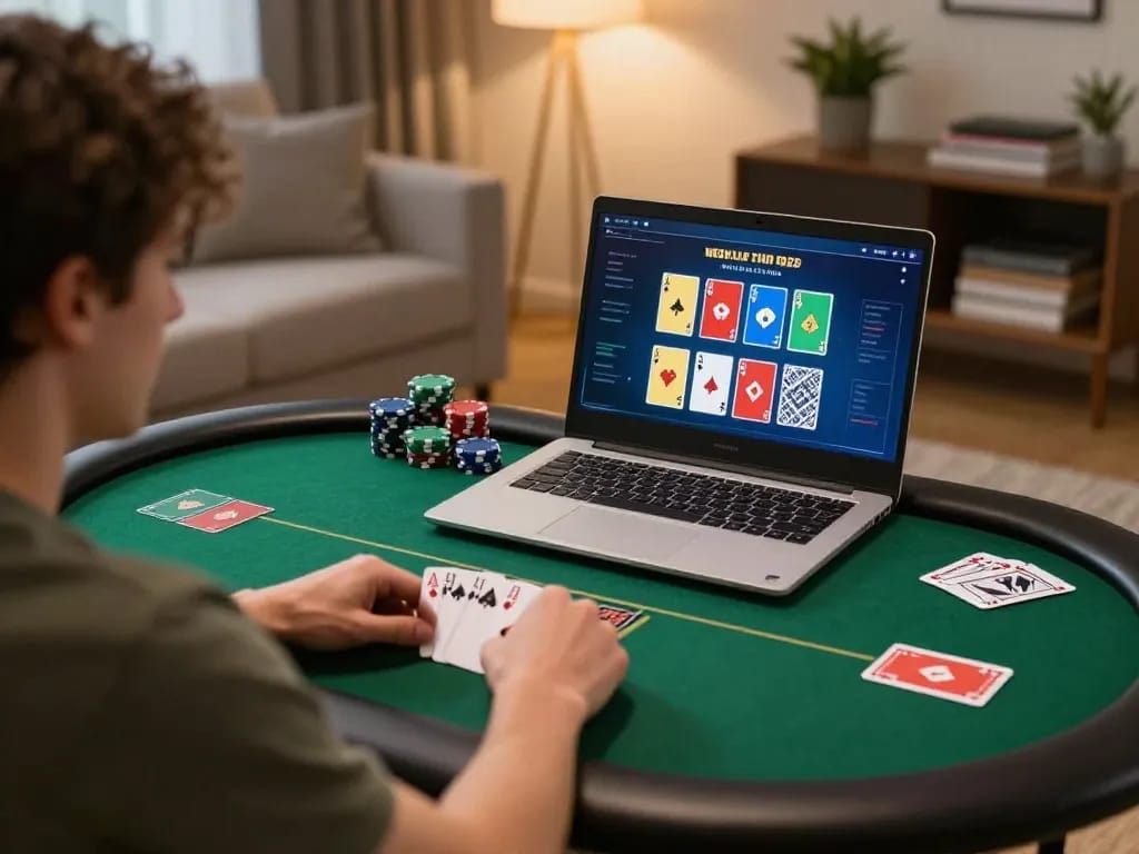 Player enjoying poker on laptop with 789pp in cozy living room ambiance
