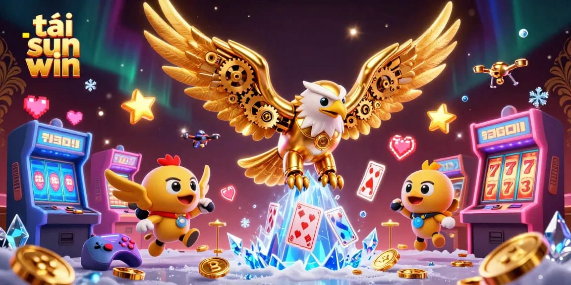 Experience the thrill of tải sun win with an ultra-detailed casino game scene featuring golden eagle and arcade elements.
