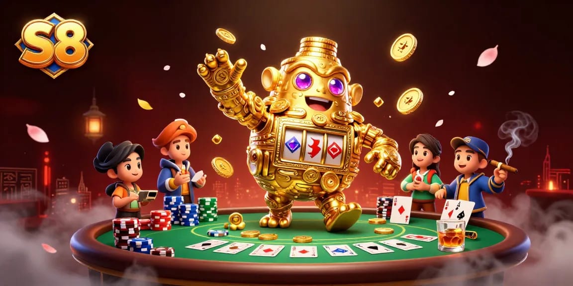 Engage in thrilling gameplay with S8's festive poker scene and a golden golem.