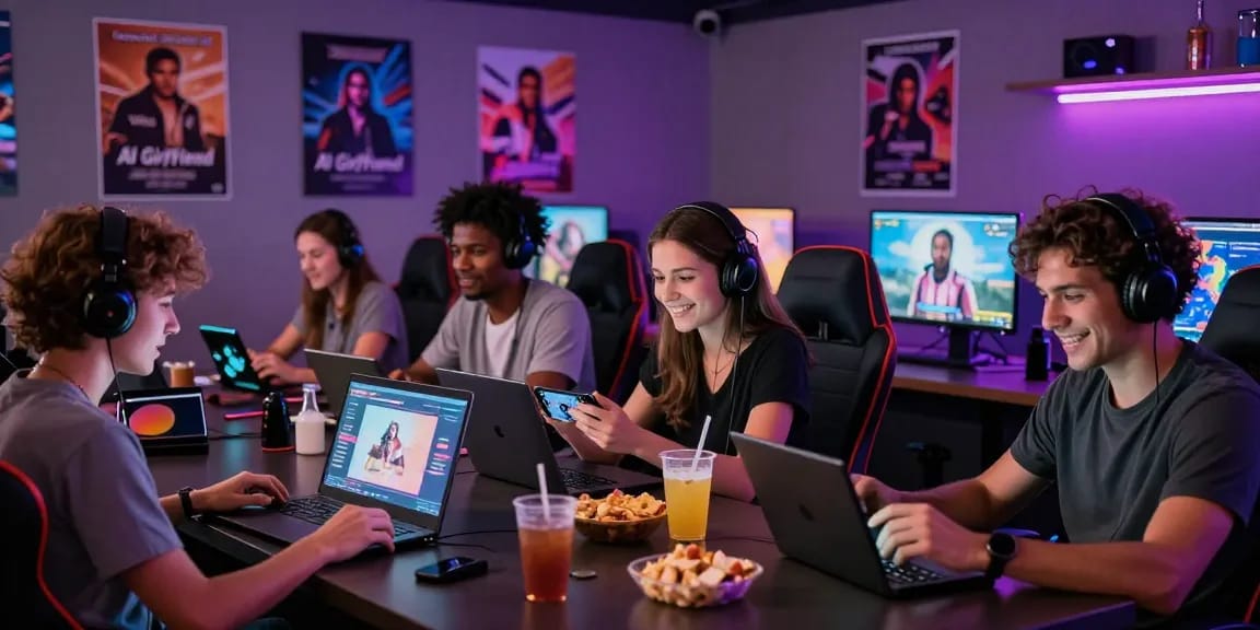 Enjoying a porn game online in a vibrant gaming lounge with friends.