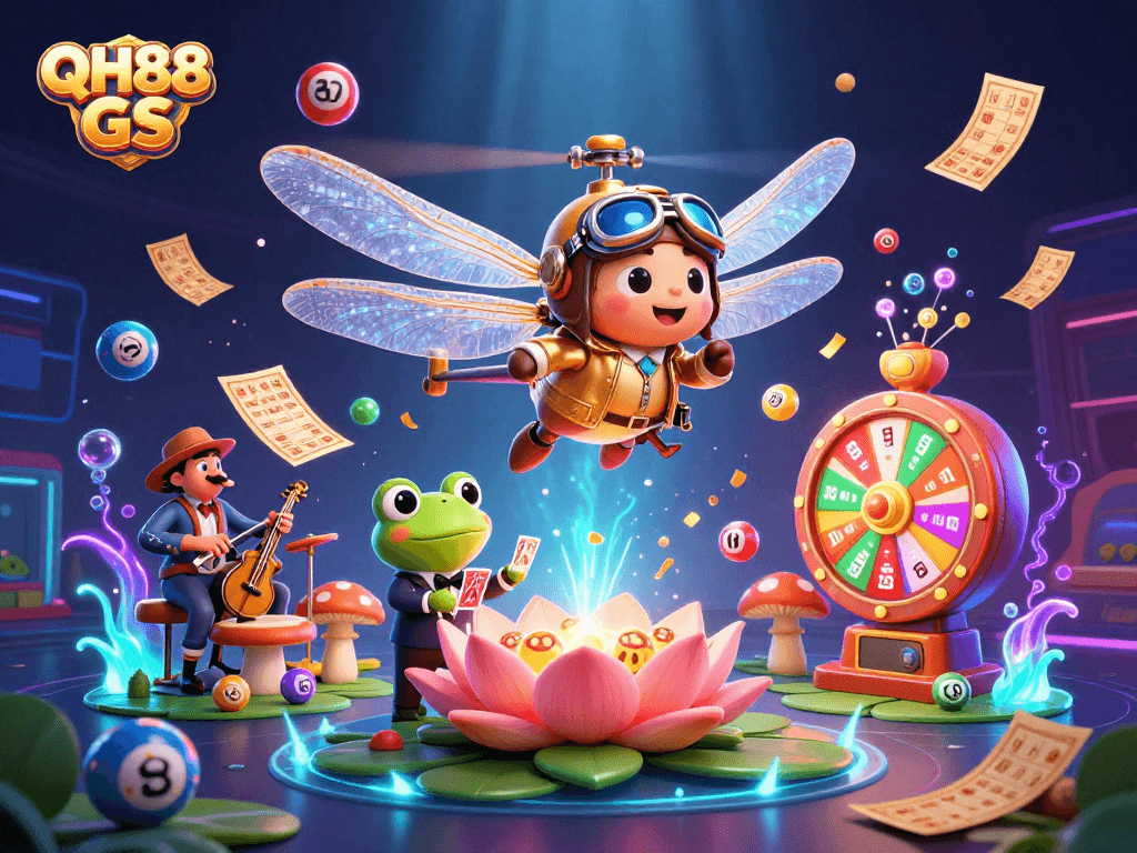 Engage with QH88 GS in this vibrant 3D casino scene with lively characters and dynamic game elements.