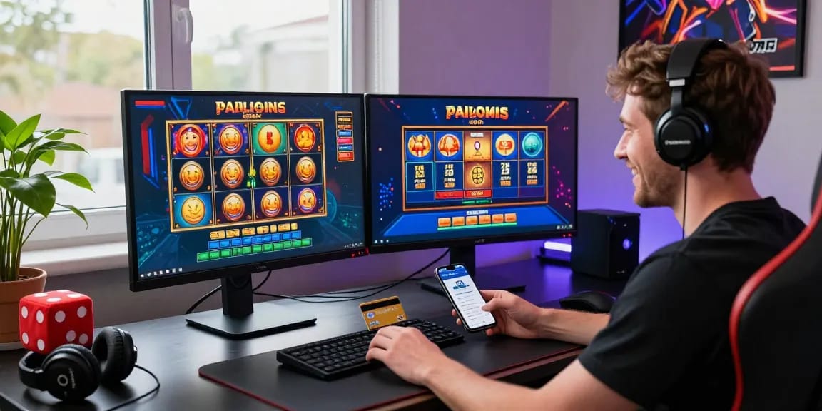 Online casino enthusiast at https://gdsap.org.uk enjoying live dealer games and slots with a Visa card in a vibrant gaming setup.