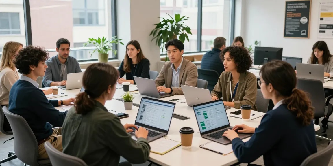 Promote your business with a dynamic networking scene featuring diverse professionals collaborating in an urban co-working space.