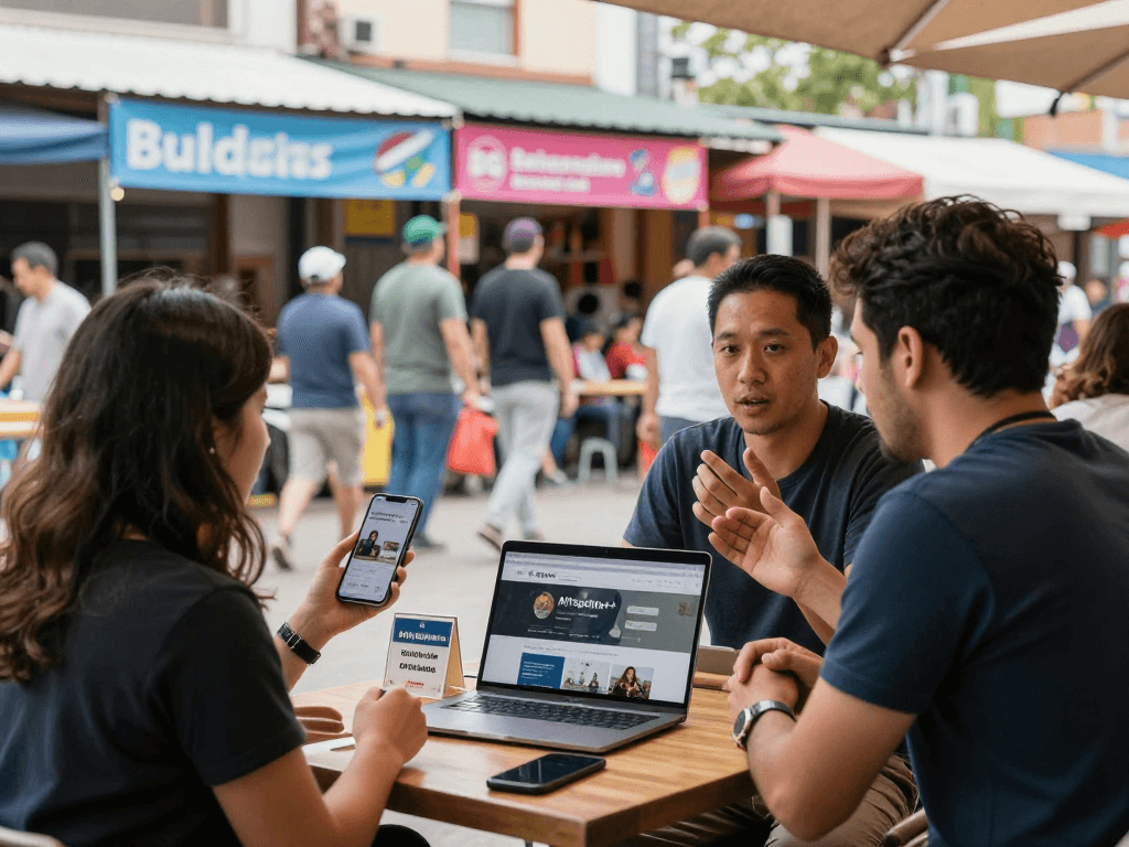 Solo traders engaging with clients in a vibrant urban market, showcasing the AllTogether+ platform for effective connections.