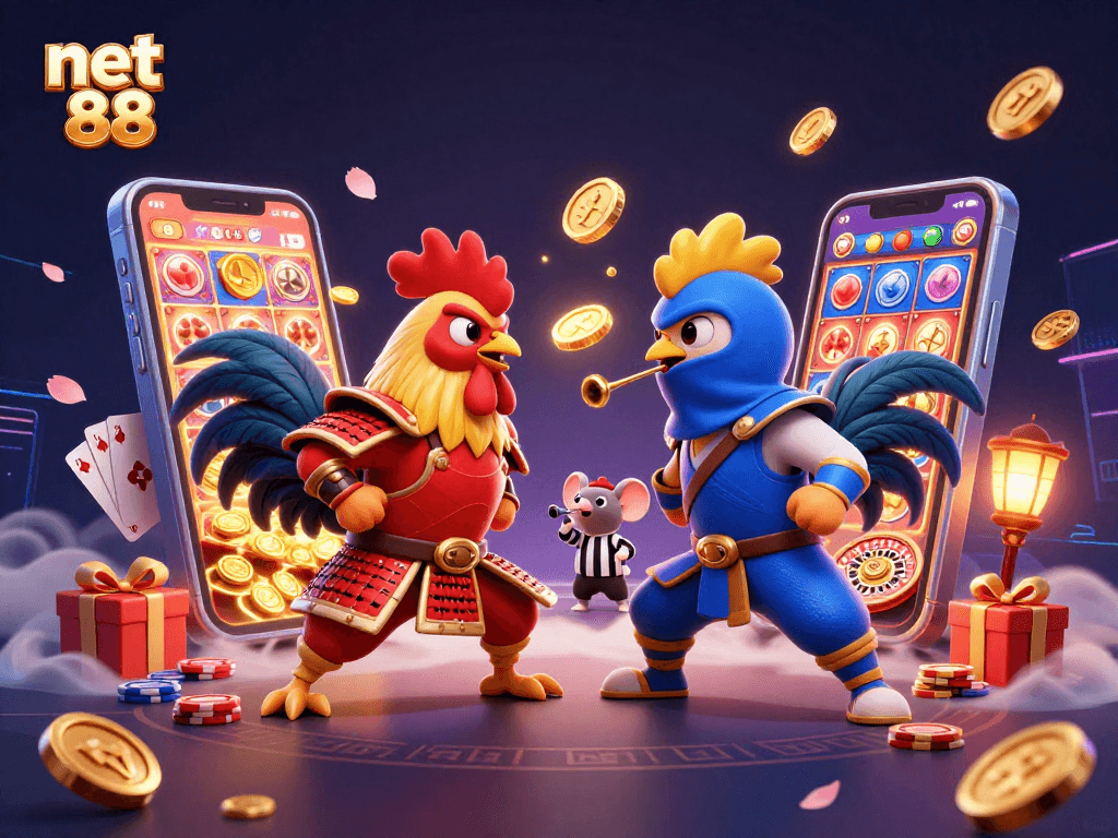 Experience thrilling cockfighting with net 88's dynamic illustration of roosters in battle.