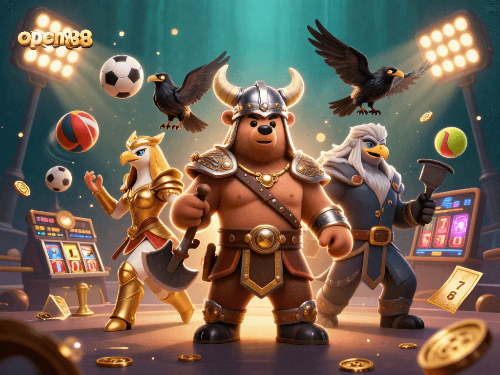 Experience thrilling wins with open888 featuring a Viking berserker and Valkyrie in a vibrant casino scene.