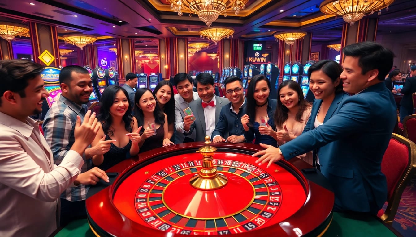 Enthusiastic players engaging with KUWIN themed casino games at a roulette table.