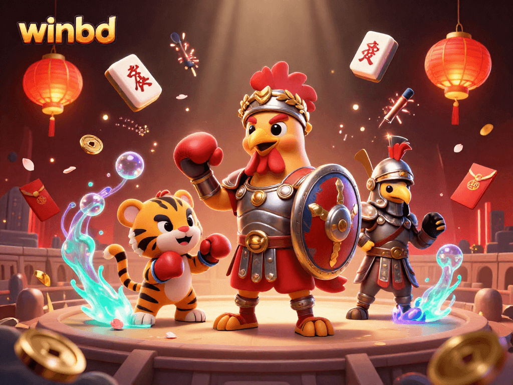 Engage with winbd's thrilling online platforms featuring a gladiator rooster and tiger cub amidst dynamic gambling elements.