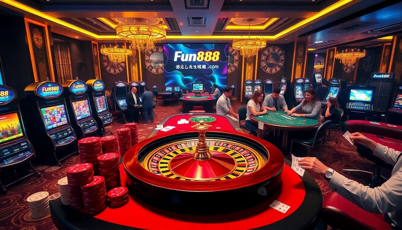 Gambling excitement at Fun88 com featuring poker chips, a roulette wheel, and vibrant slot machines.