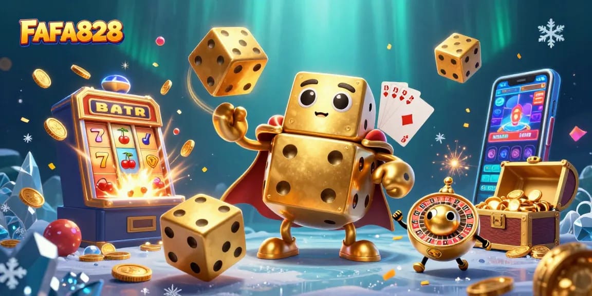 Join the excitement with FAFA828's golden dice golem and jackpot explosion in a vibrant casino scene.