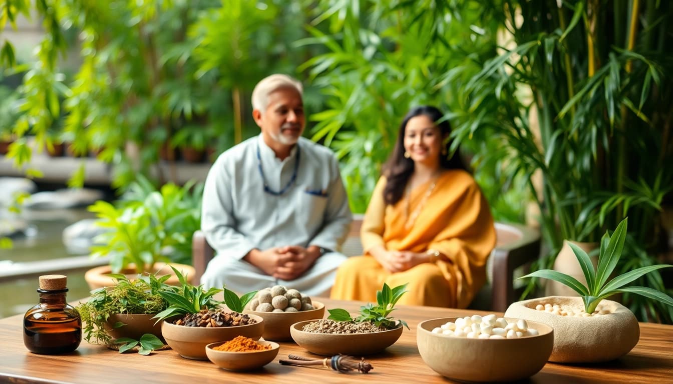 Engage in an Ayurveda Consultation with a relaxed atmosphere featuring herbs and natural elements.