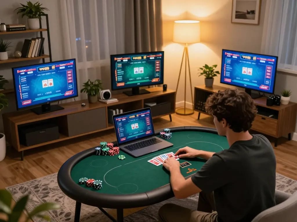 A player focusing on an online poker game on their laptop at home, showcasing the debet strategy in action.