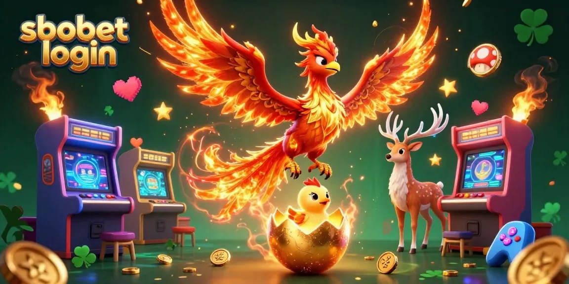 Experience sbobet login with vibrant gaming elements featuring a phoenix soaring and a golden egg!