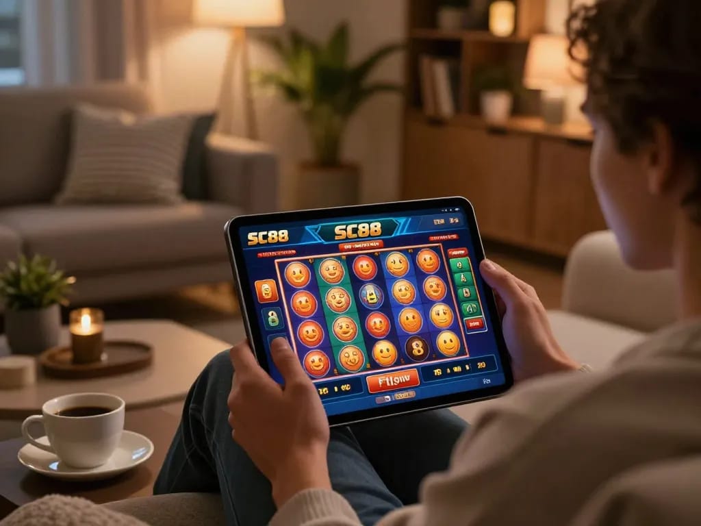 Player enjoying SC88 online gaming experience on a tablet at home, showcasing vibrant slots.