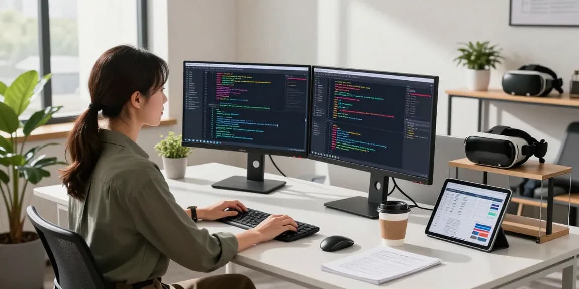 Developer coding and collaborating in a modern workspace with innovative tech elements focused on ia +18.