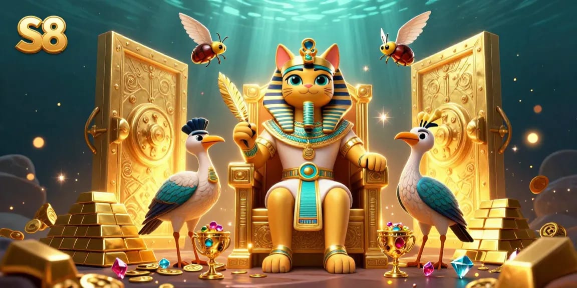S8 Casino Experience: Revel in a vibrant illustration showcasing a pharaoh cat and treasures in a dynamic gambling setting.