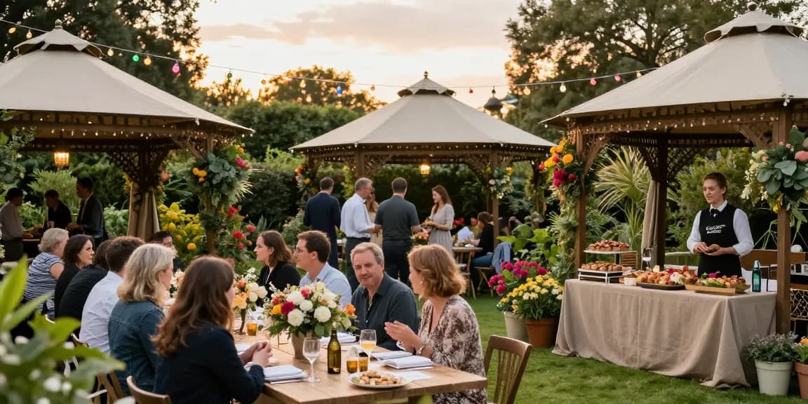 Guests enjoying a vibrant garden party under stylish gazebos from https://www.gazebohirelondon.co.uk/ highlighting event coordination and festive ambiance.