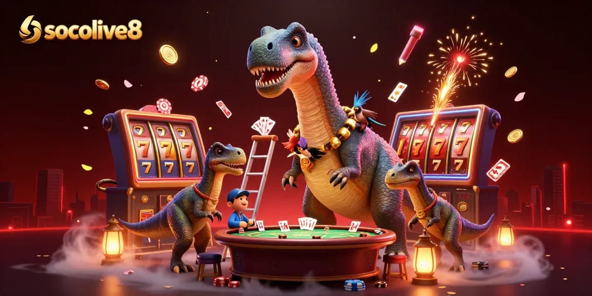 Spin vibrant slot reels at socolive8 while enjoying a dynamic 3D illustration of playful gambling characters.