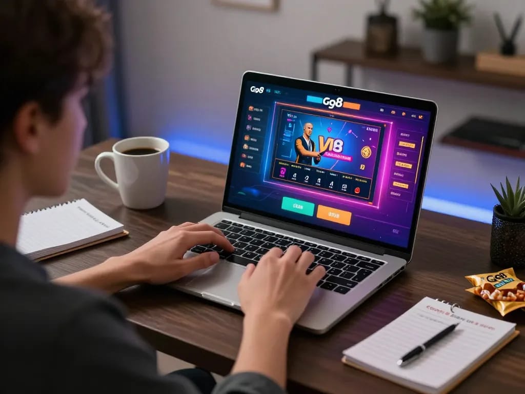 Engaging online gaming experience at Go8 with a player focused on the laptop.