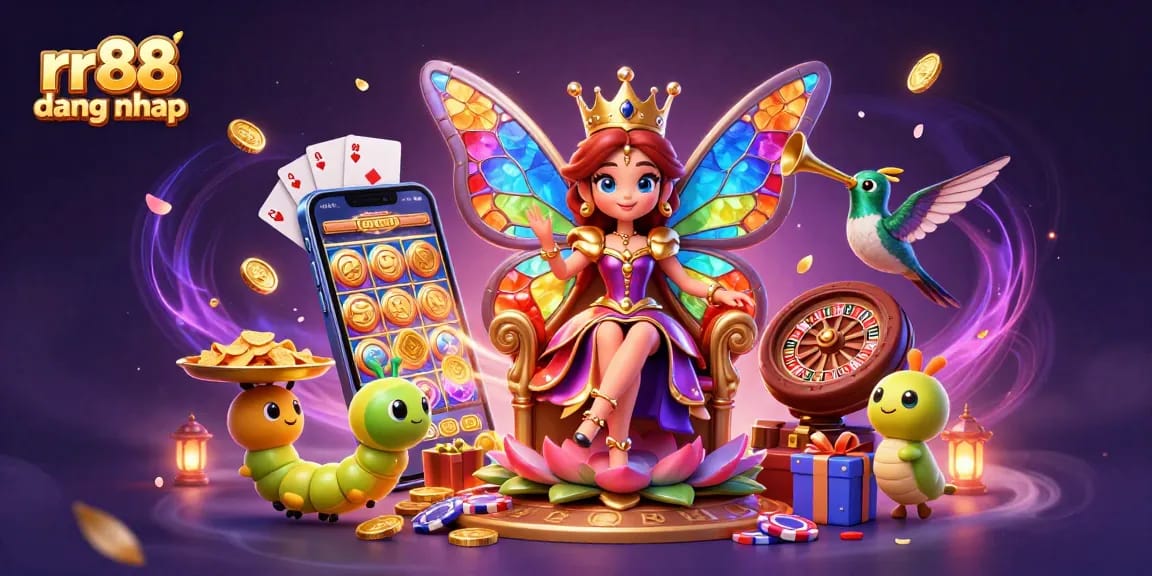 rr88 dang nhap with a colorful casino scene featuring a butterfly queen, slot game, and casino elements.
