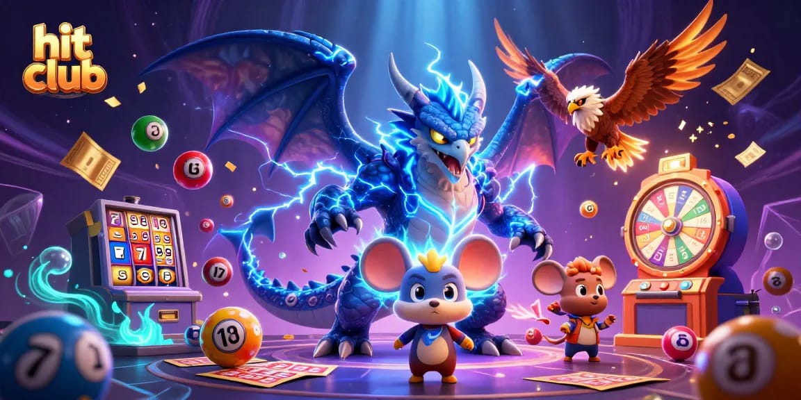 Experience the thrill of hit club with a vibrant 3D illustration featuring dynamic lottery symbols and energetic characters.