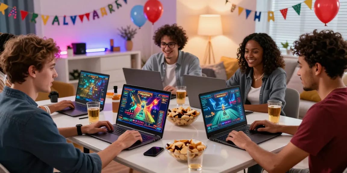 Excited group of friends playing games at non UK casinos in a lively home setting.