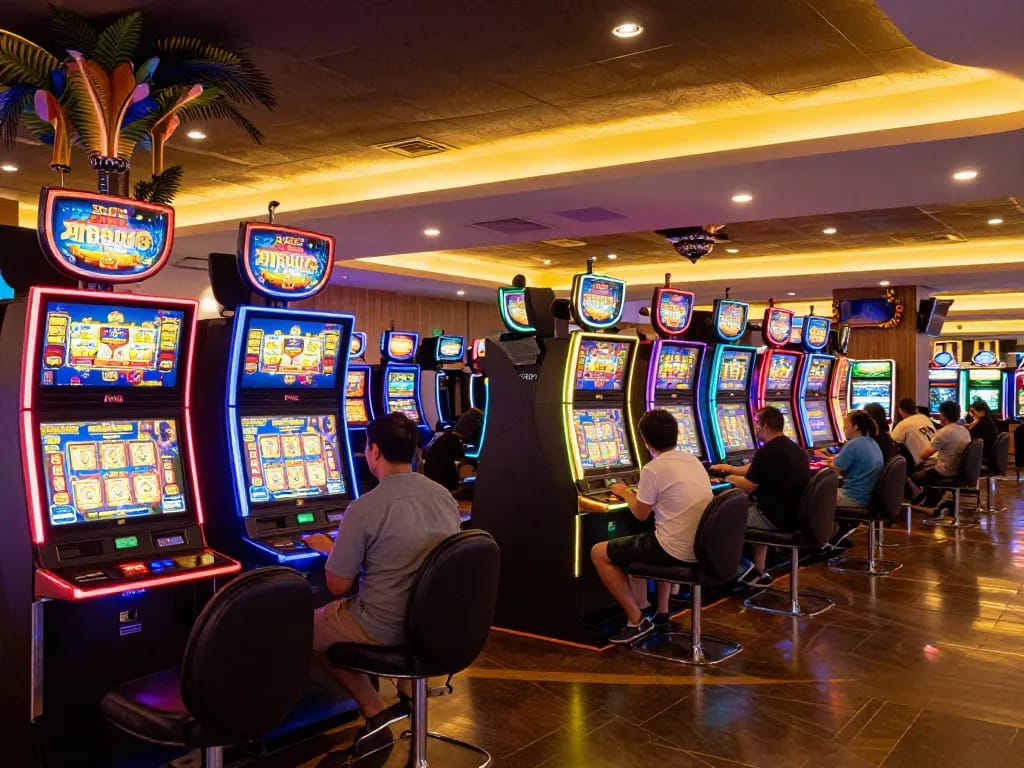 Engaged players enjoying Slot Malaysia gaming experience at colorful casino slot machines