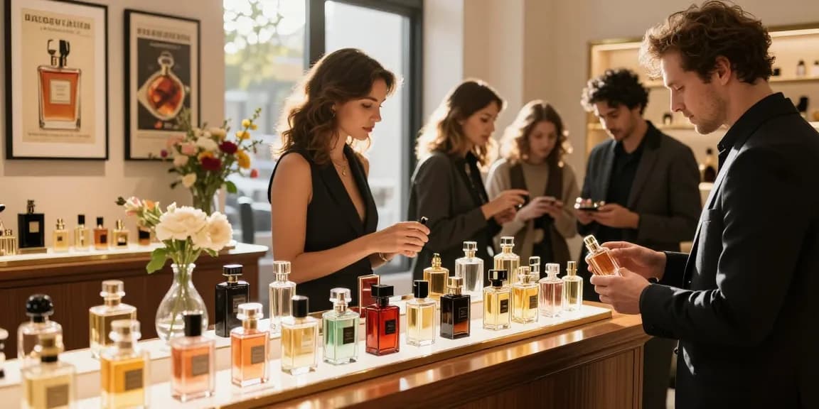 Discovering classic perfumes at a luxurious boutique, showcasing elegant bottles and timeless fragrances.