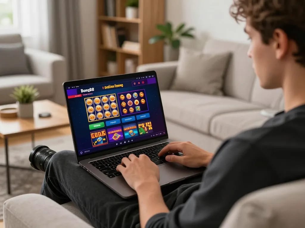 Player engaging with Bong88 on a laptop in a cozy living room, showcasing exciting online gambling options.