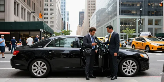 Black car service NYC with professional chauffeur assisting traveler in bustling New York City.