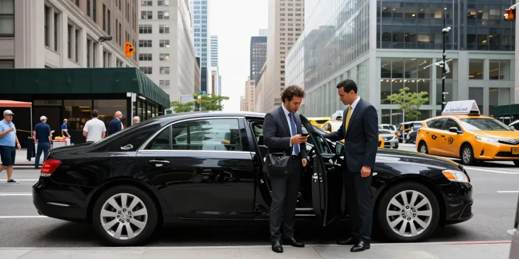 Black car service NYC with professional chauffeur assisting traveler in bustling New York City.