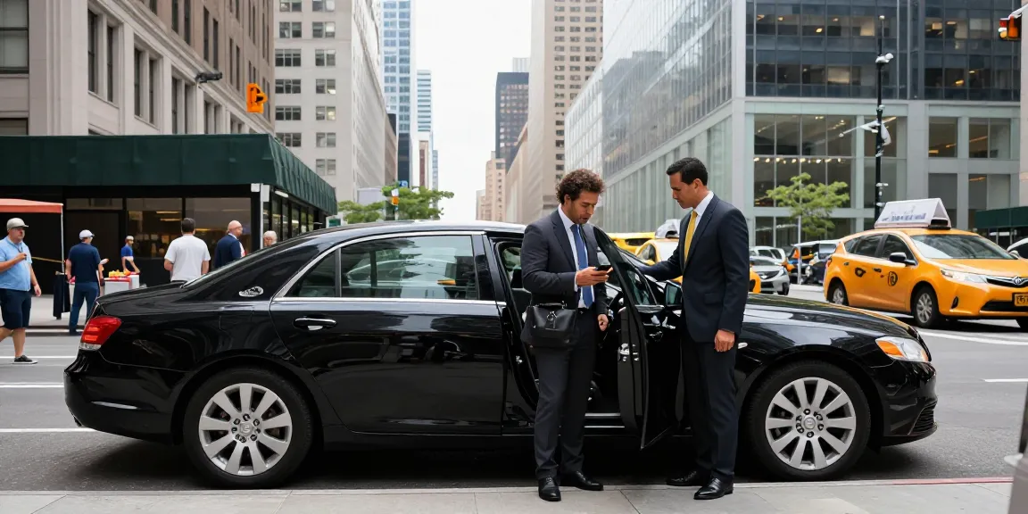 Black car service NYC with professional chauffeur assisting traveler in bustling New York City.