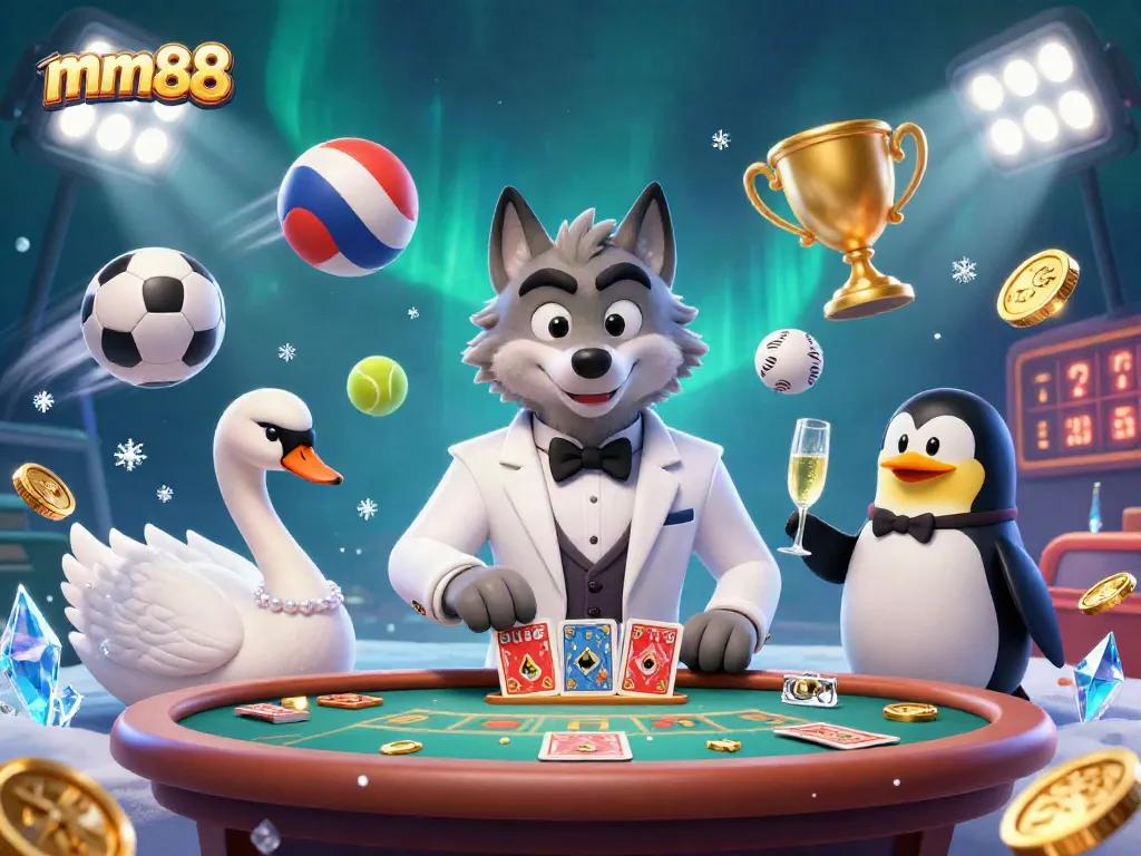 Engage with mm88's dynamic gaming scene featuring a debonair wolf, elegant swan, and sommelier penguin.