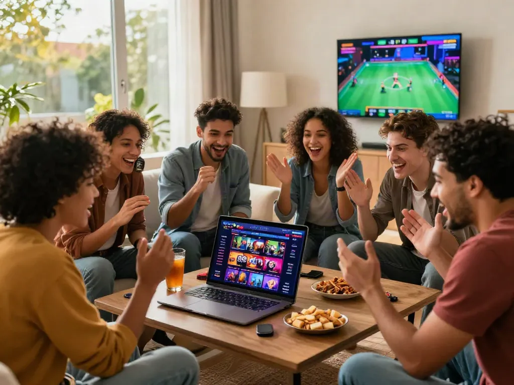 Friends enjoying a lively discussion about the best non GamStop casinos around a laptop in a cozy living room.