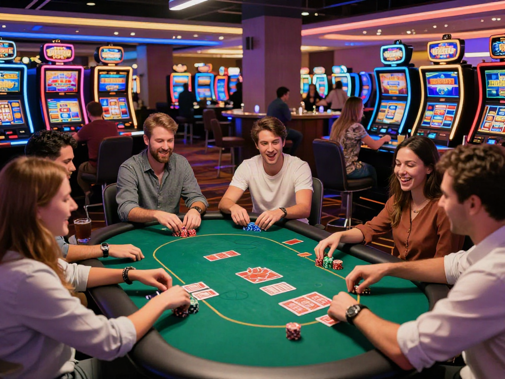 Exciting scene at the best non GamStop casinos with friends enjoying gaming and vibrant atmosphere.