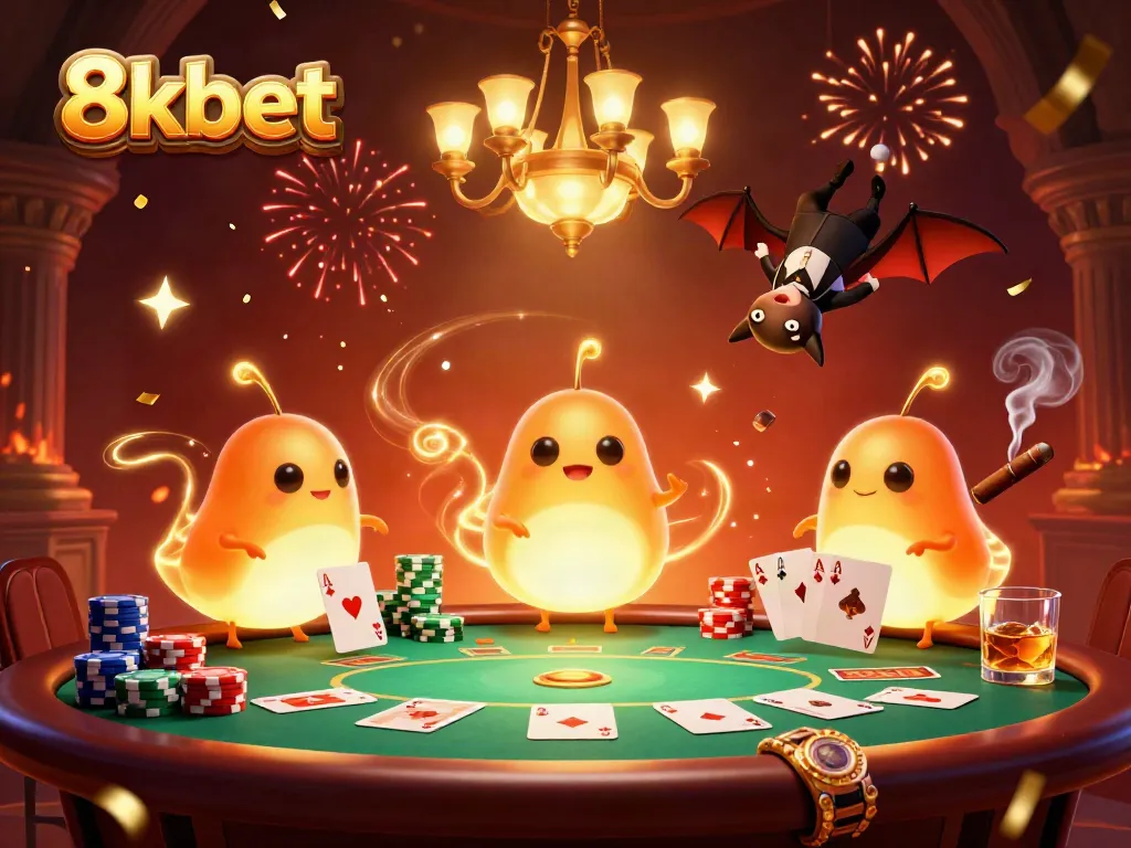Experience 8xbet's thrilling casino atmosphere with vibrant glowworm characters and poker action.
