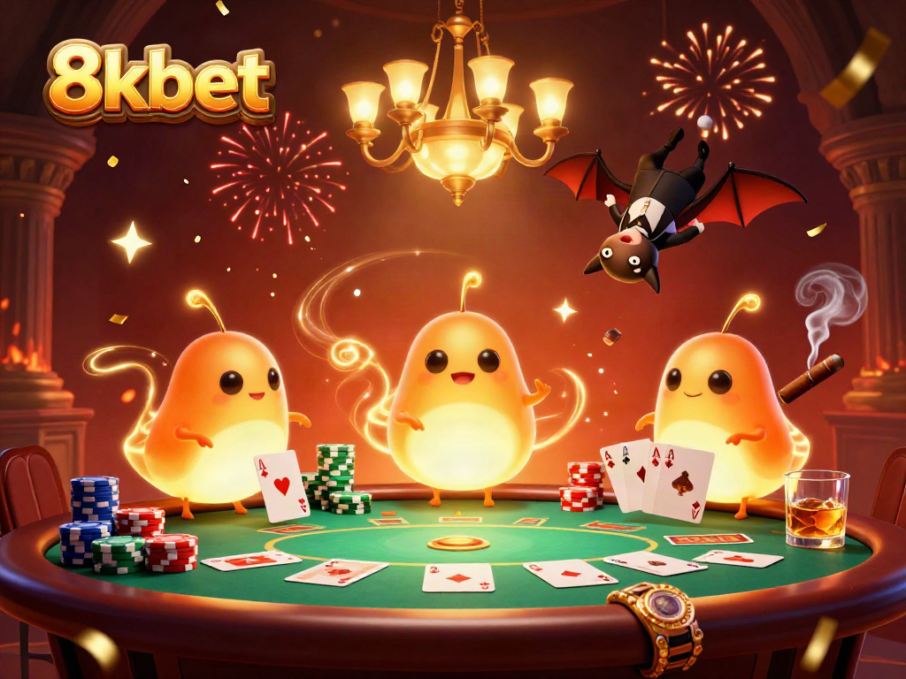 Experience 8xbet's thrilling casino atmosphere with vibrant glowworm characters and poker action.