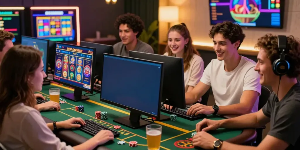 Exciting gaming atmosphere with friends enjoying the best non gamstop casinos together.