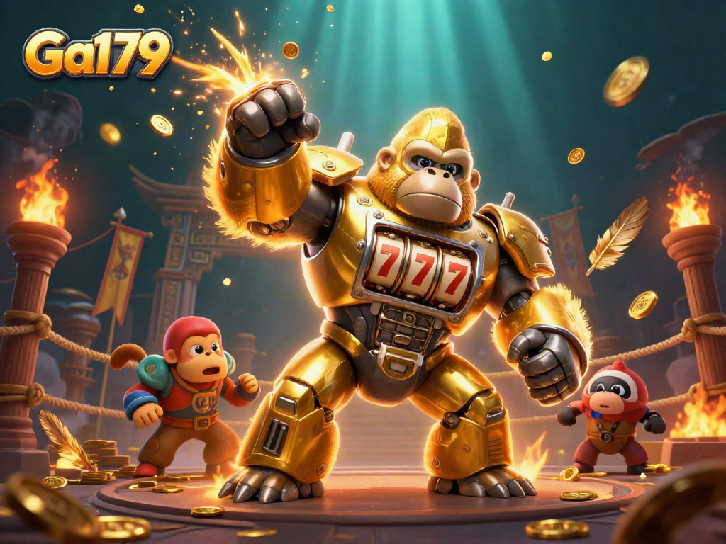 Experience Ga179's thrilling gaming realm with a striking golden gorilla mech amidst dynamic casino elements.