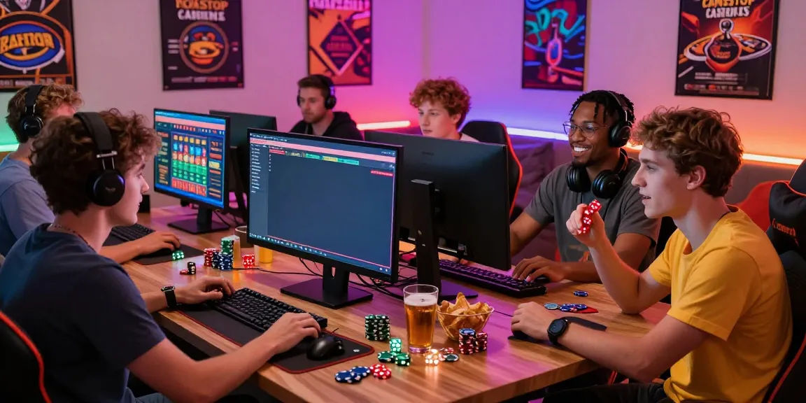 Friends discussing strategies for the best non gamstop casinos in a vibrant gaming room.