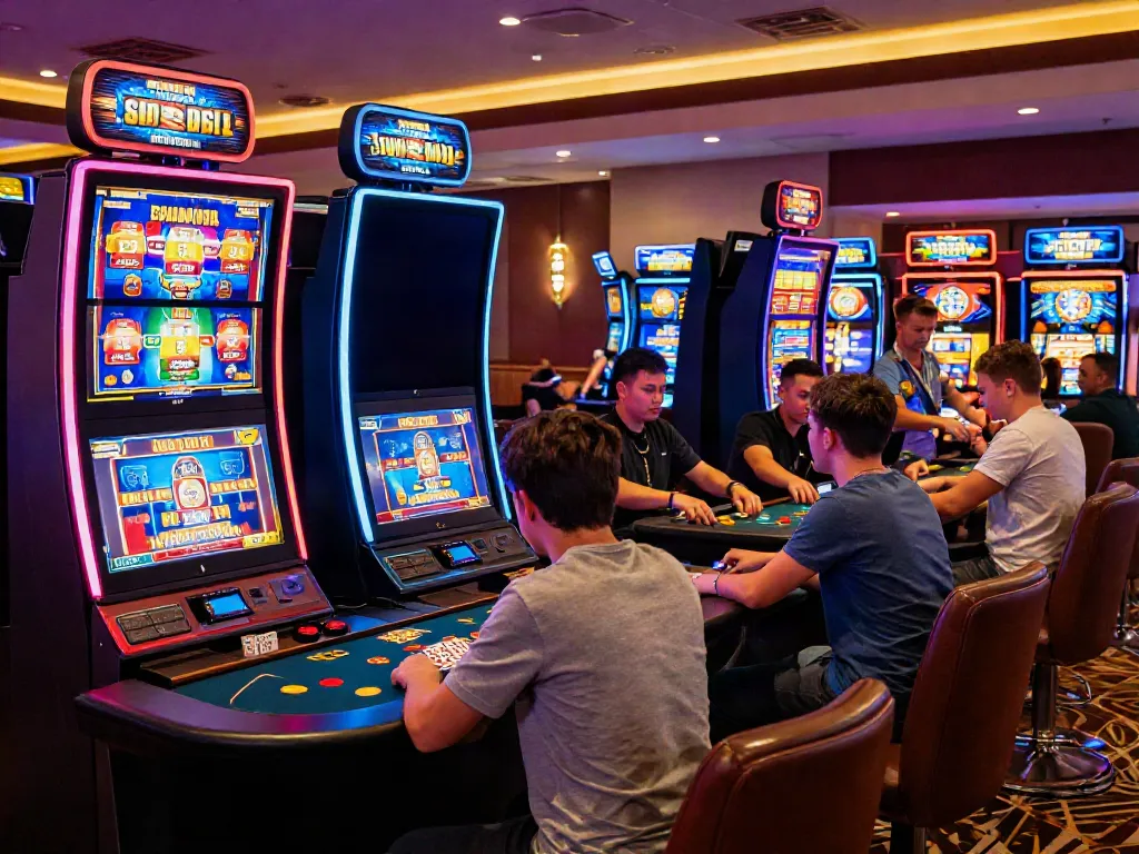 Diverse players enjoying various games at the best non GamStop casinos in a vibrant, modern casino environment.