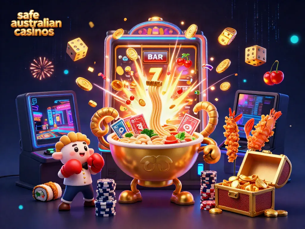Engage with safe Australian casinos at a vibrant 3D casino scene featuring colorful characters and dynamic game elements.