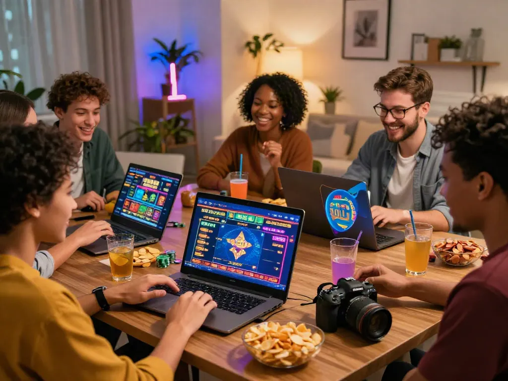Joyful friends enjoying games at the best non gamstop casinos with colorful neon lights.