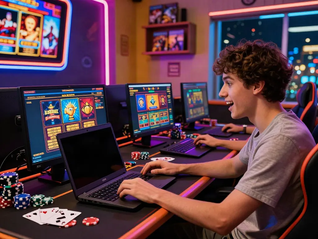 Best non gamstop casinos: Player enjoying online gaming at stylish desk with gaming decor and vibrant atmosphere.