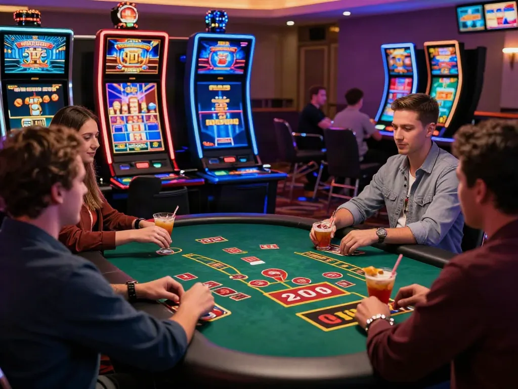 Friends enjoying games at the best non GamStop casinos, vibrant atmosphere with gaming activities and lively interactions.