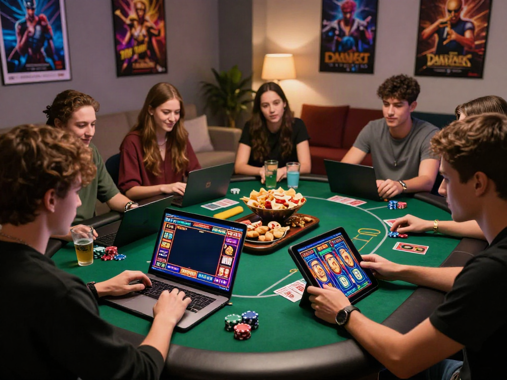 Social gaming atmosphere featuring the best non gamstop casinos with friends enjoying online gambling.