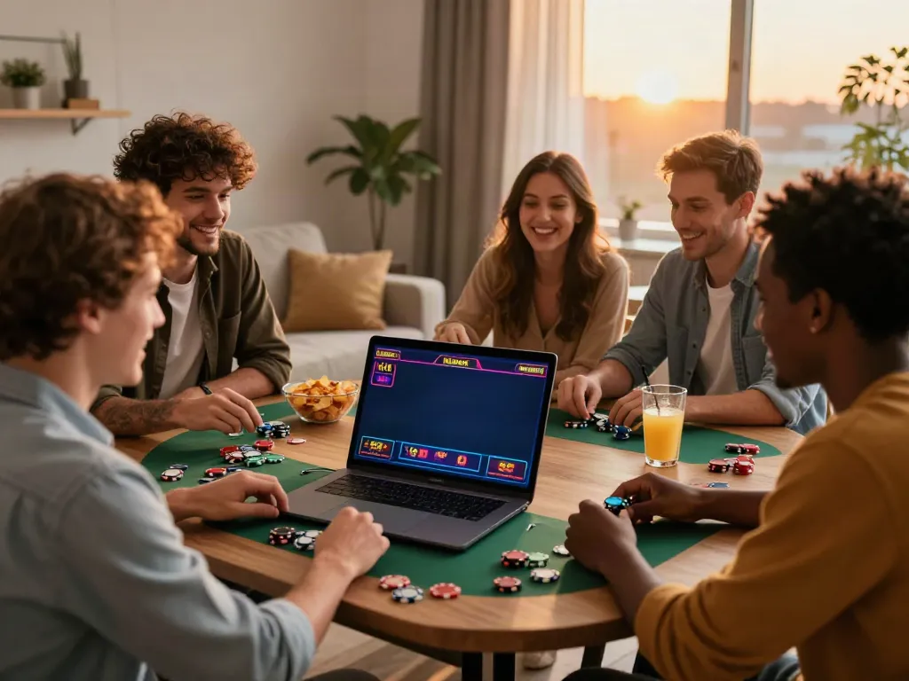 Group enjoying the best non gamstop casinos experience at home with friends and snacks