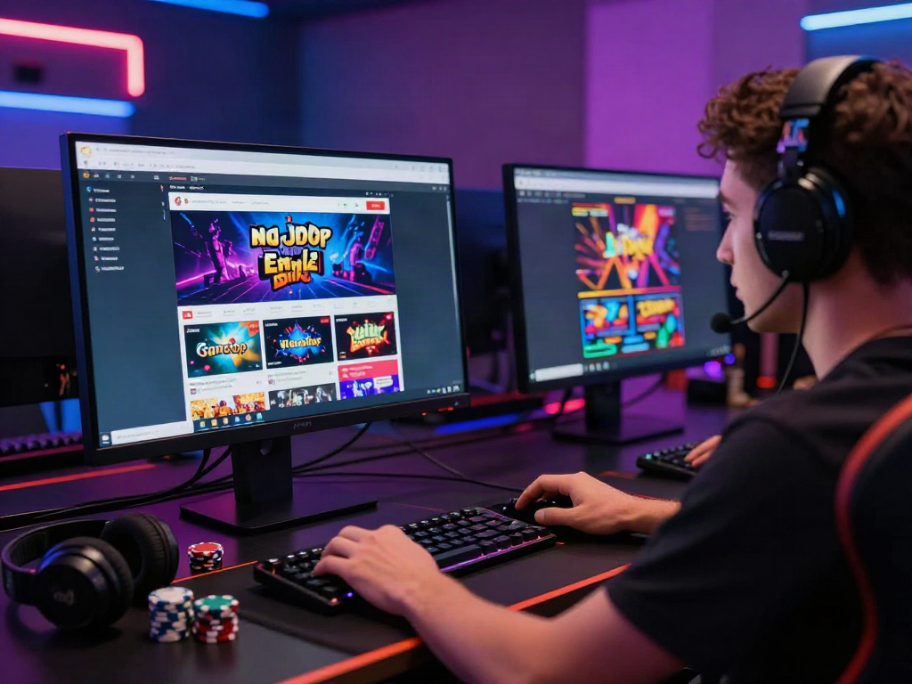 Engaged player exploring the best non gamstop casinos on multiple screens in a vibrant gaming setup.